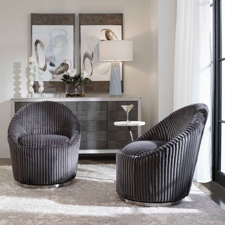 American Home Furniture Uttermost Crue Gray Fabric Swivel Chair