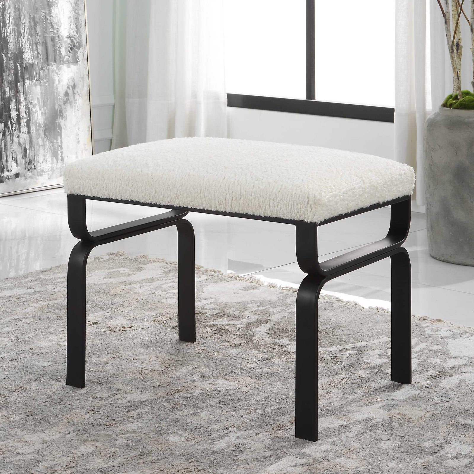American Home Furniture Uttermost Diverge White Shearling Small Bench