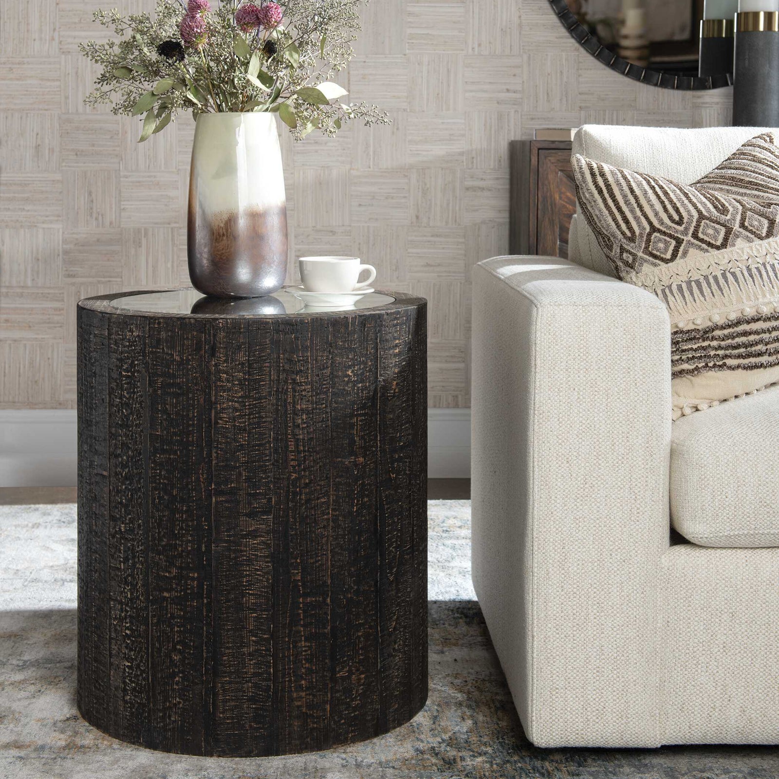 American Home Furniture Uttermost Sequoia Mirrored Drum Table