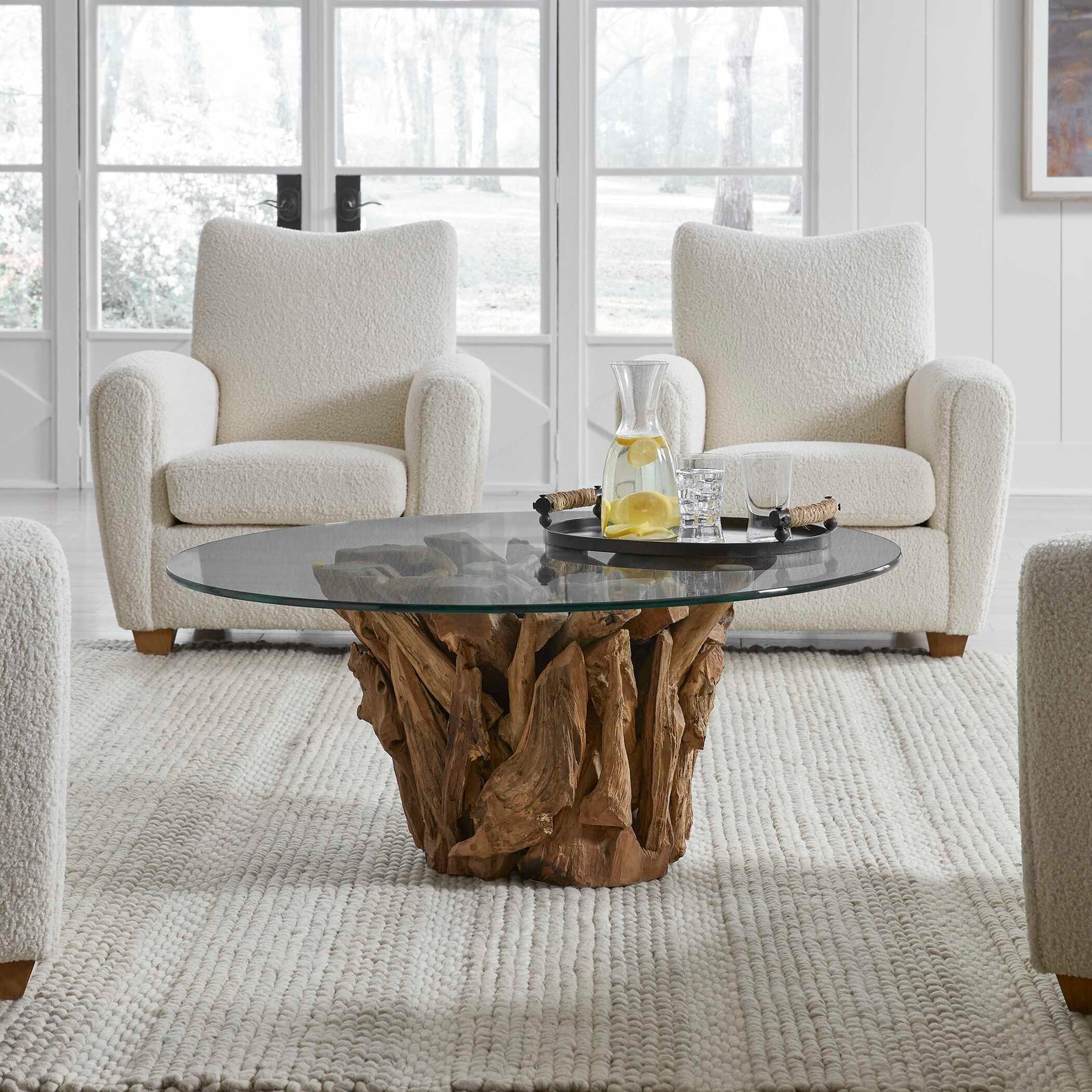 American Home Furniture Uttermost Driftwood Glass Top Large Coffee Table