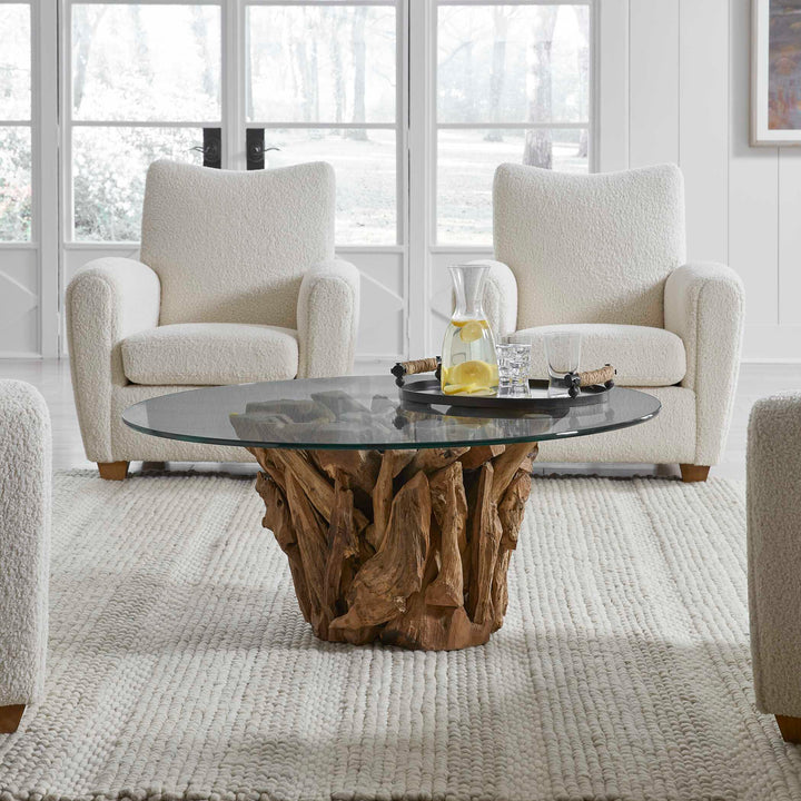 American Home Furniture Uttermost Driftwood Glass Top Large Coffee Table