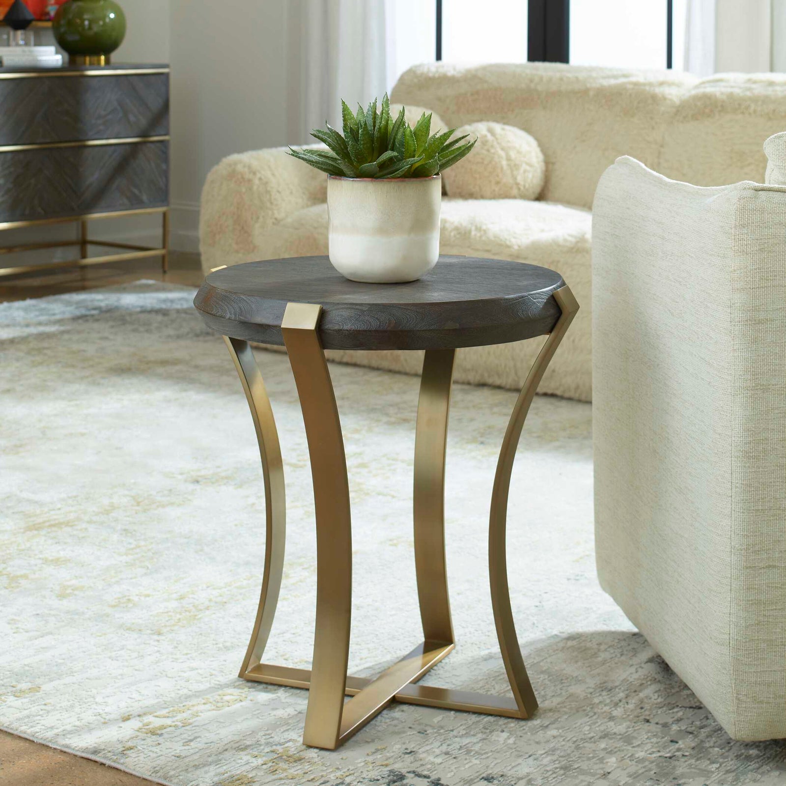 American Home Furniture Uttermost Unite Brass Leg Wood Side Table