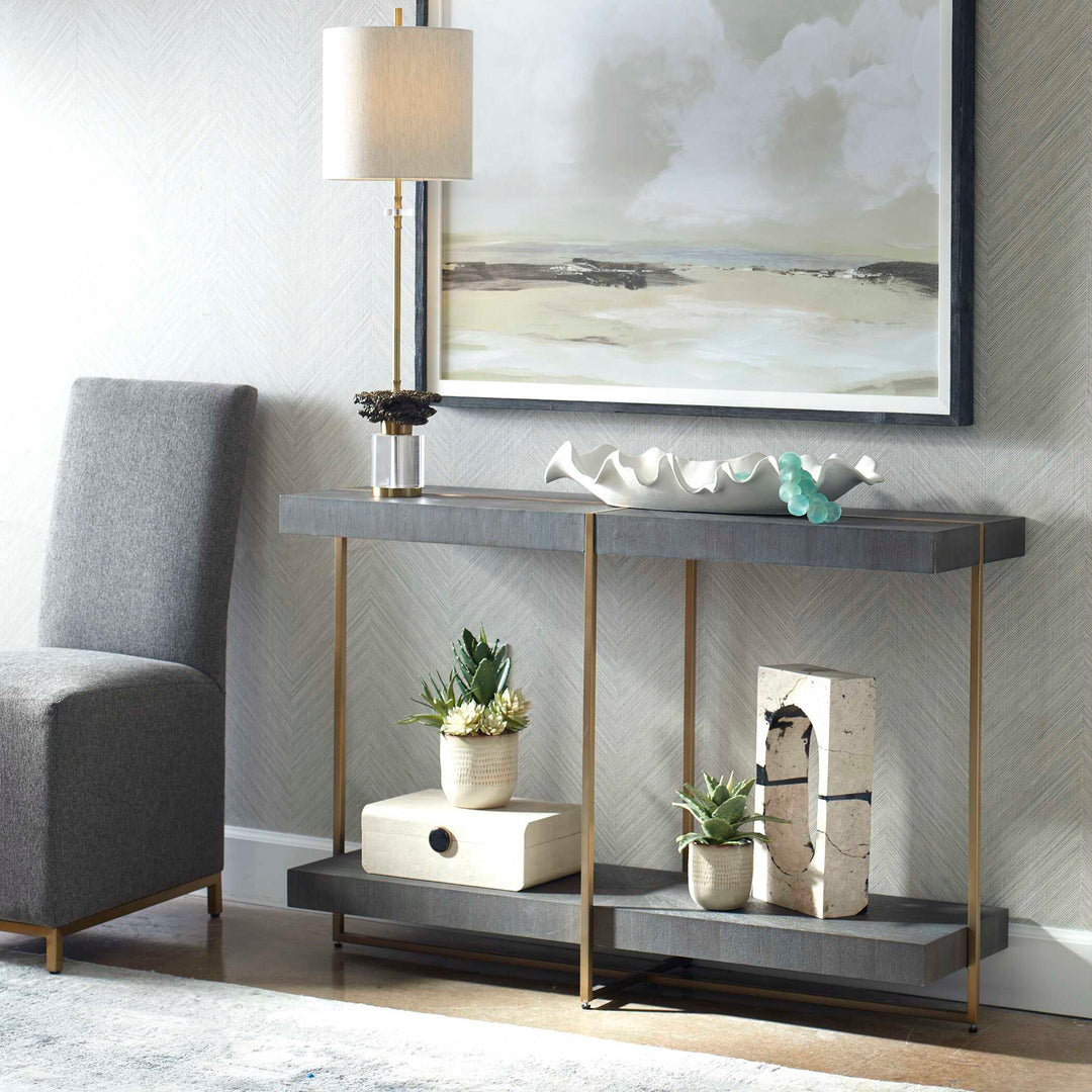 American Home Furniture Uttermost Taja Modern Brass / Wood Console Table