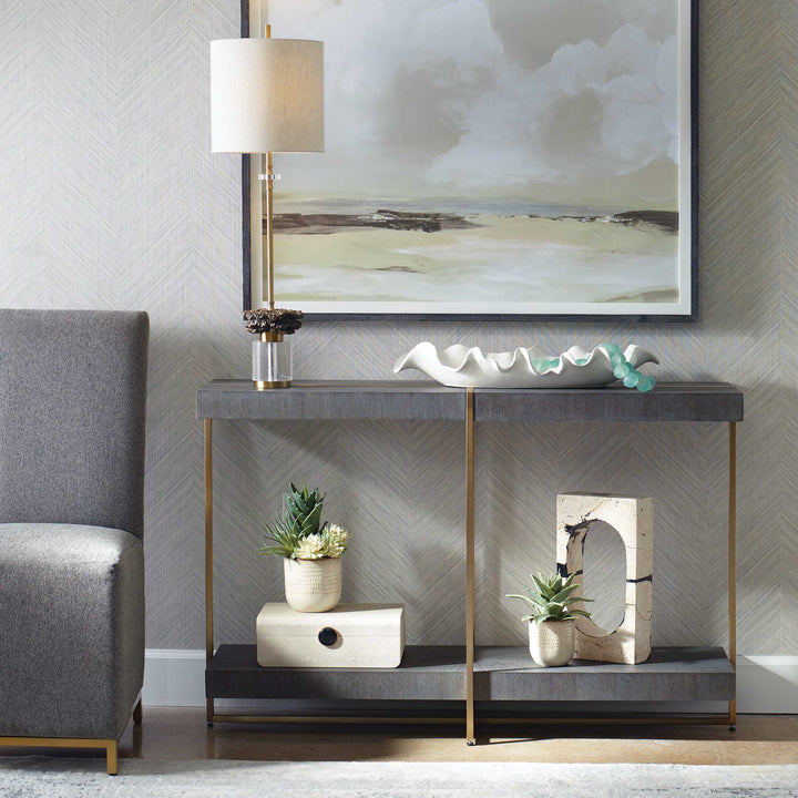 American Home Furniture Uttermost Taja Modern Brass / Wood Console Table