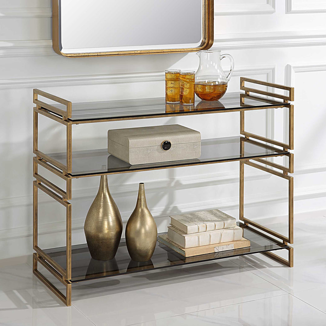 American Home Furniture Uttermost Stacked Up Gray Glass Console Table