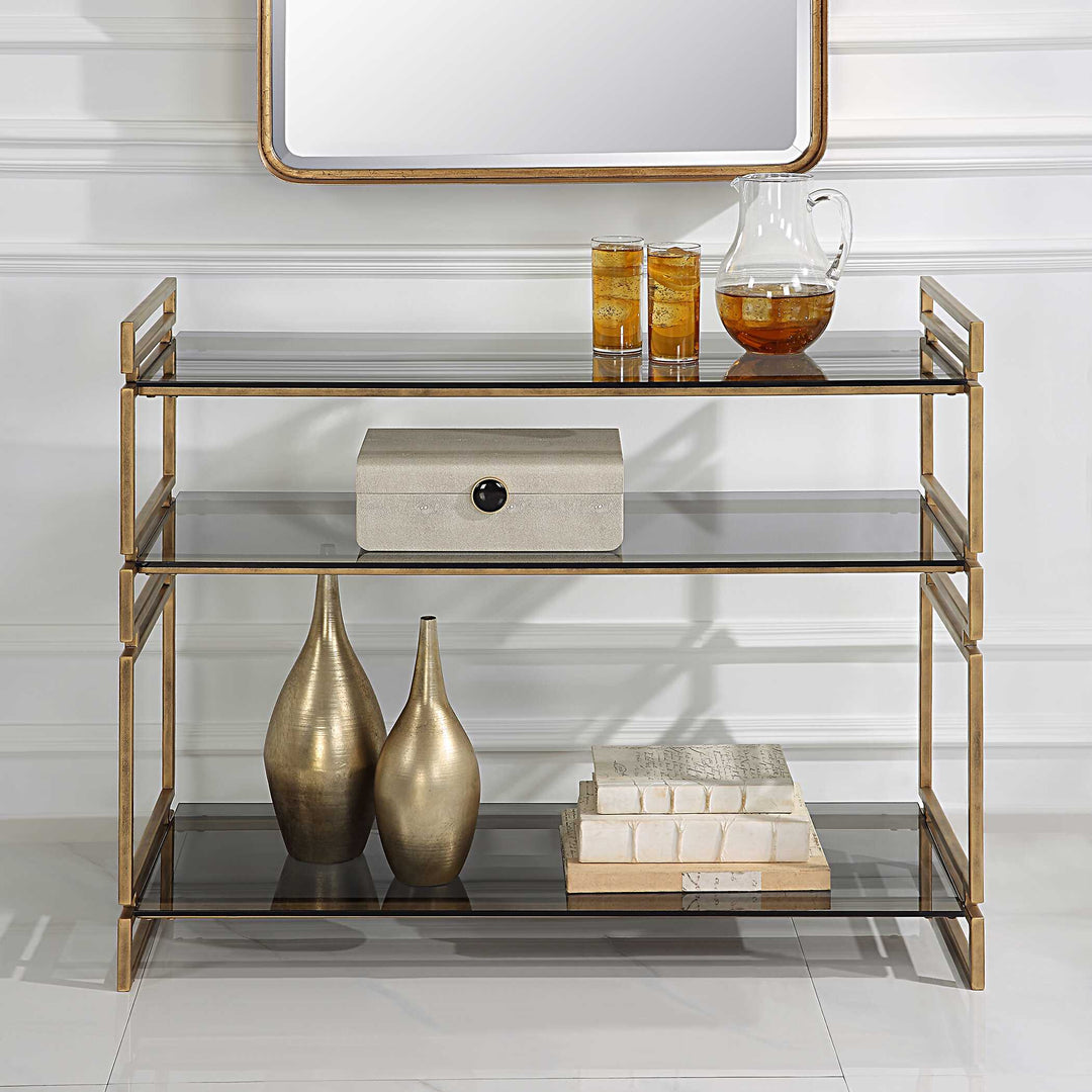American Home Furniture Uttermost Stacked Up Gray Glass Console Table