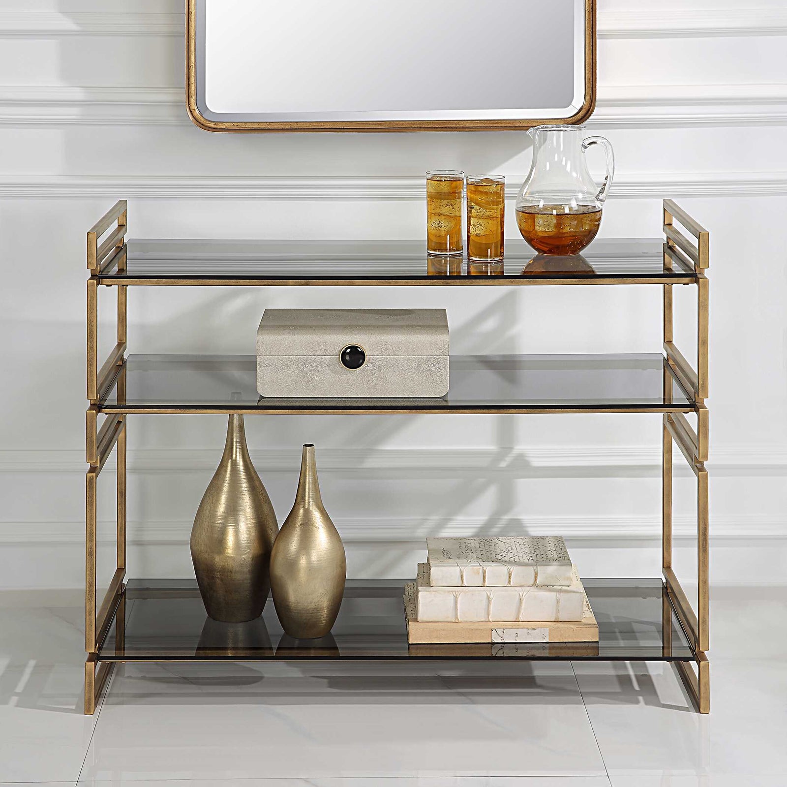 American Home Furniture Uttermost Stacked Up Gray Glass Console Table