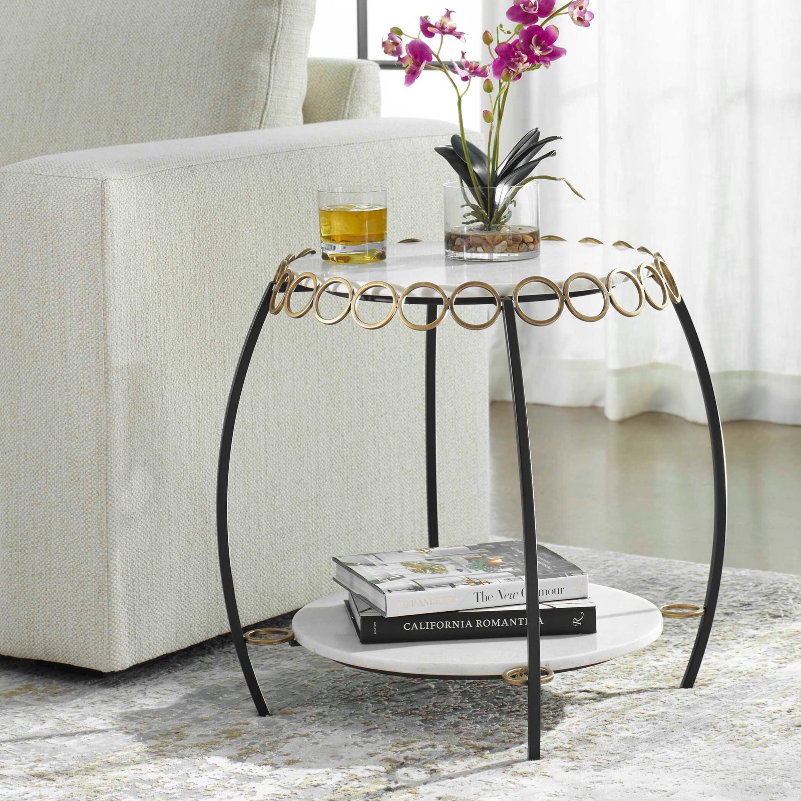 American Home Furniture Uttermost Chainlink White Marble Side Table
