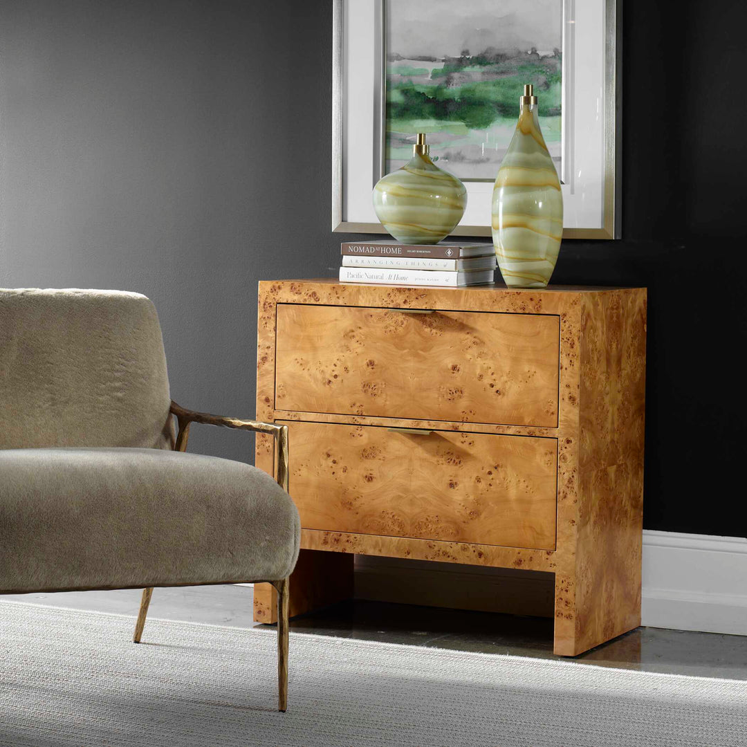 American Home Furniture Uttermost Indus 2 Drawer Burl Chest