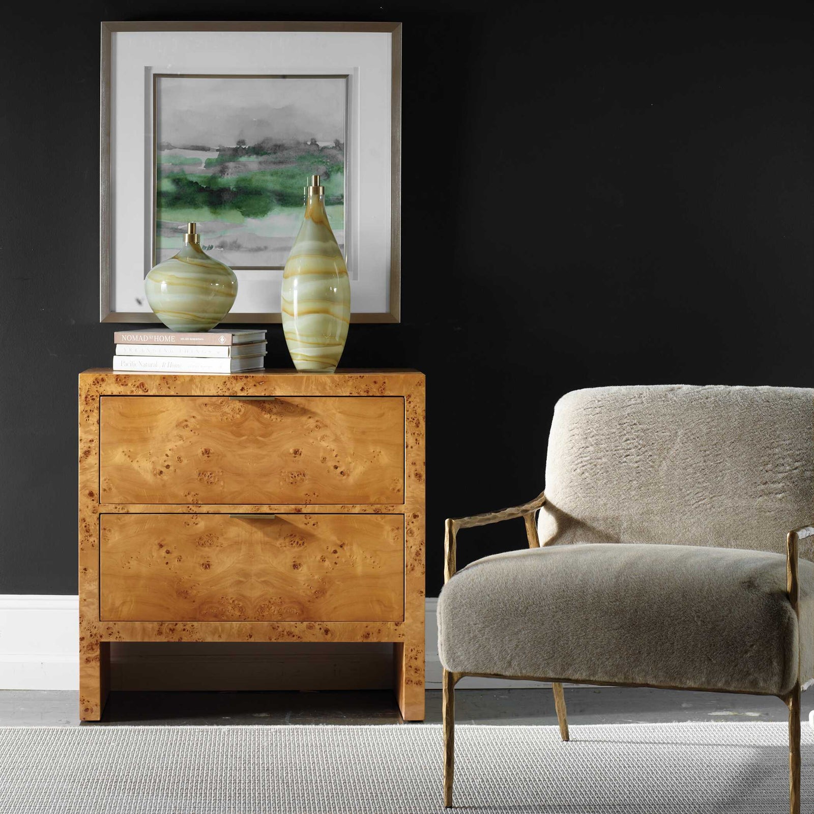 American Home Furniture Uttermost Indus 2 Drawer Burl Chest