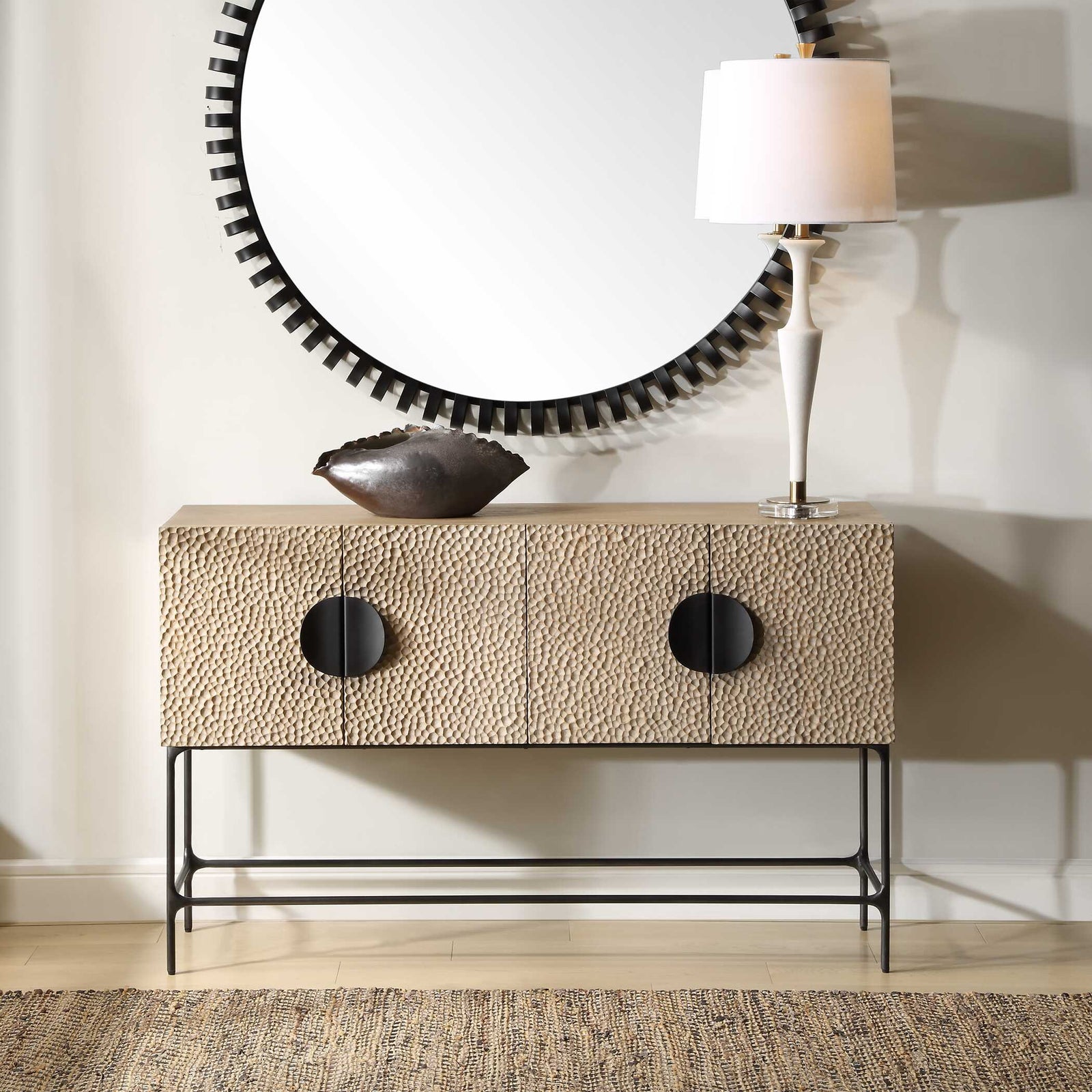 American Home Furniture Uttermost Lunar 4 Door Elm Wood Cabinet