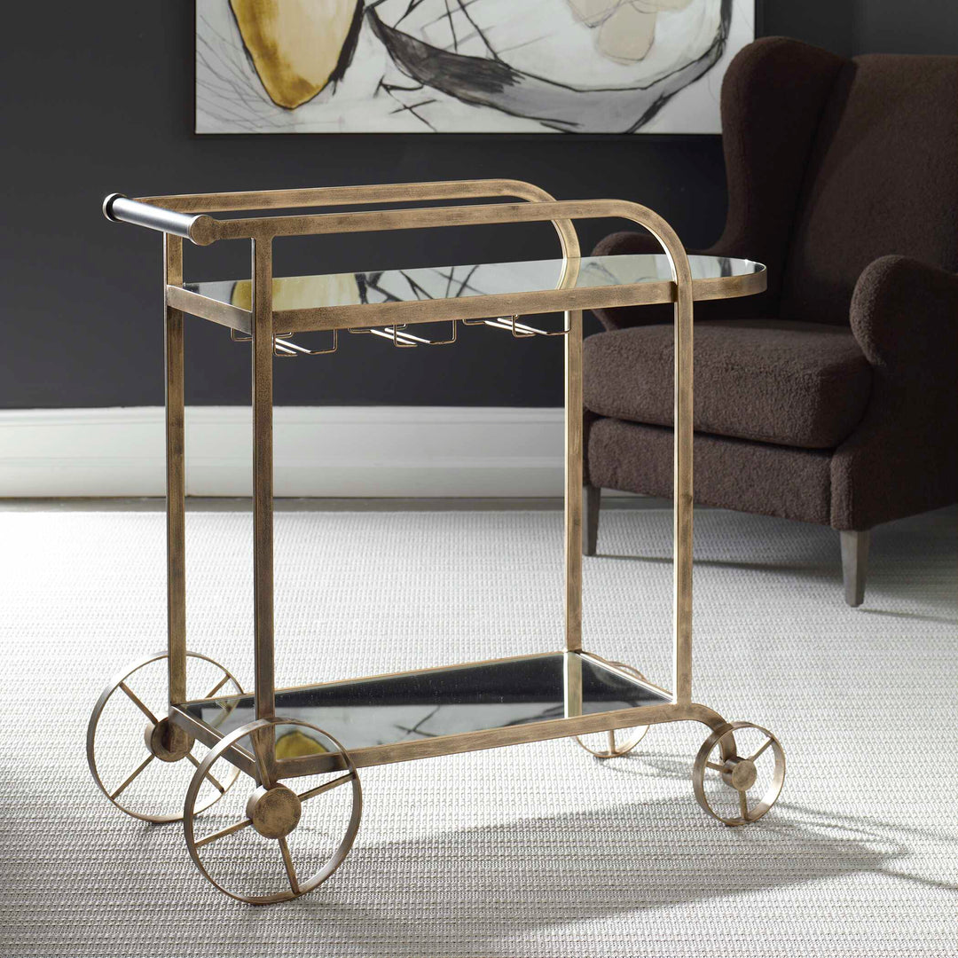 American Home Furniture Uttermost Carrinho Antique Brass Bar Cart