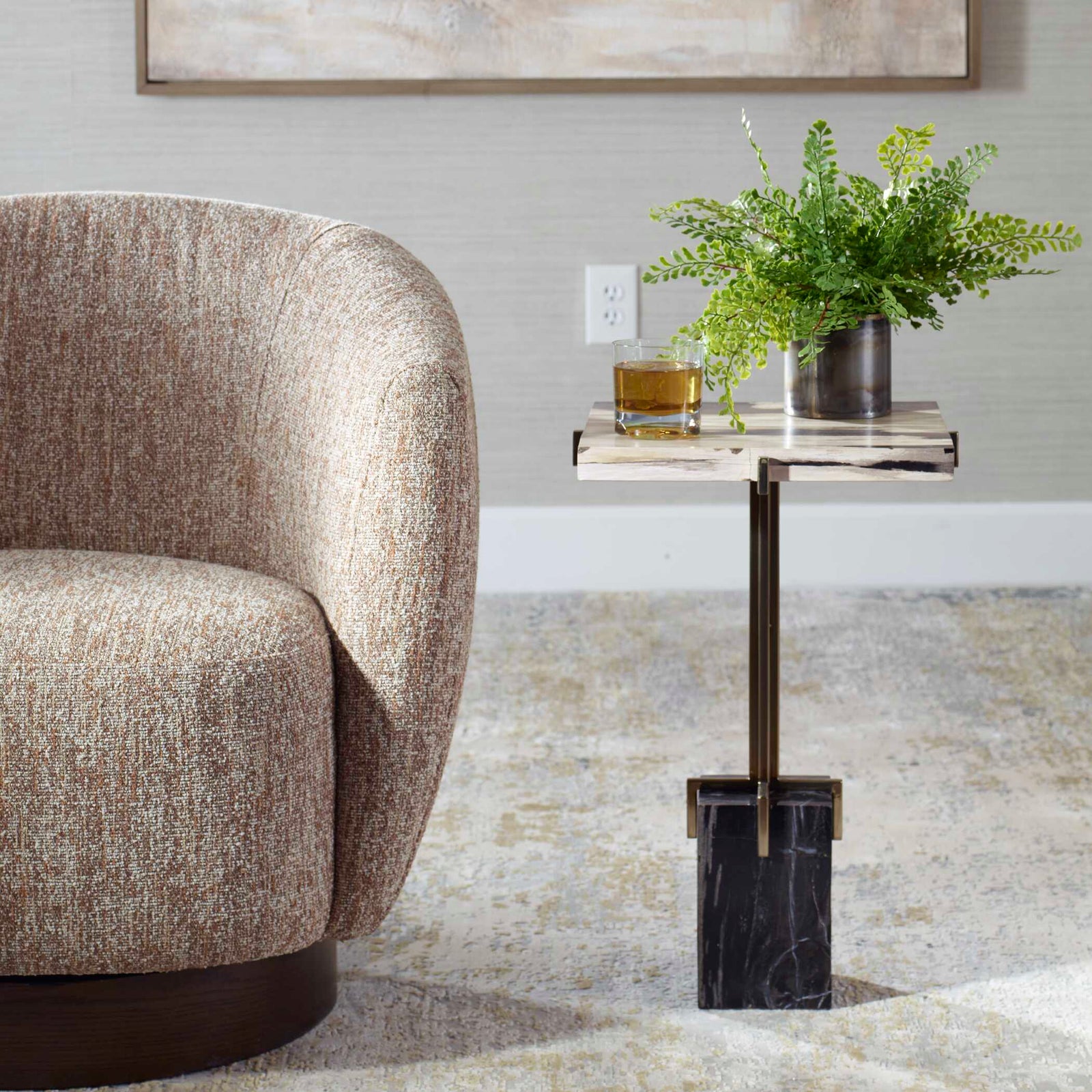 American Home Furniture Uttermost Rowman Petrified Wood Accent Table
