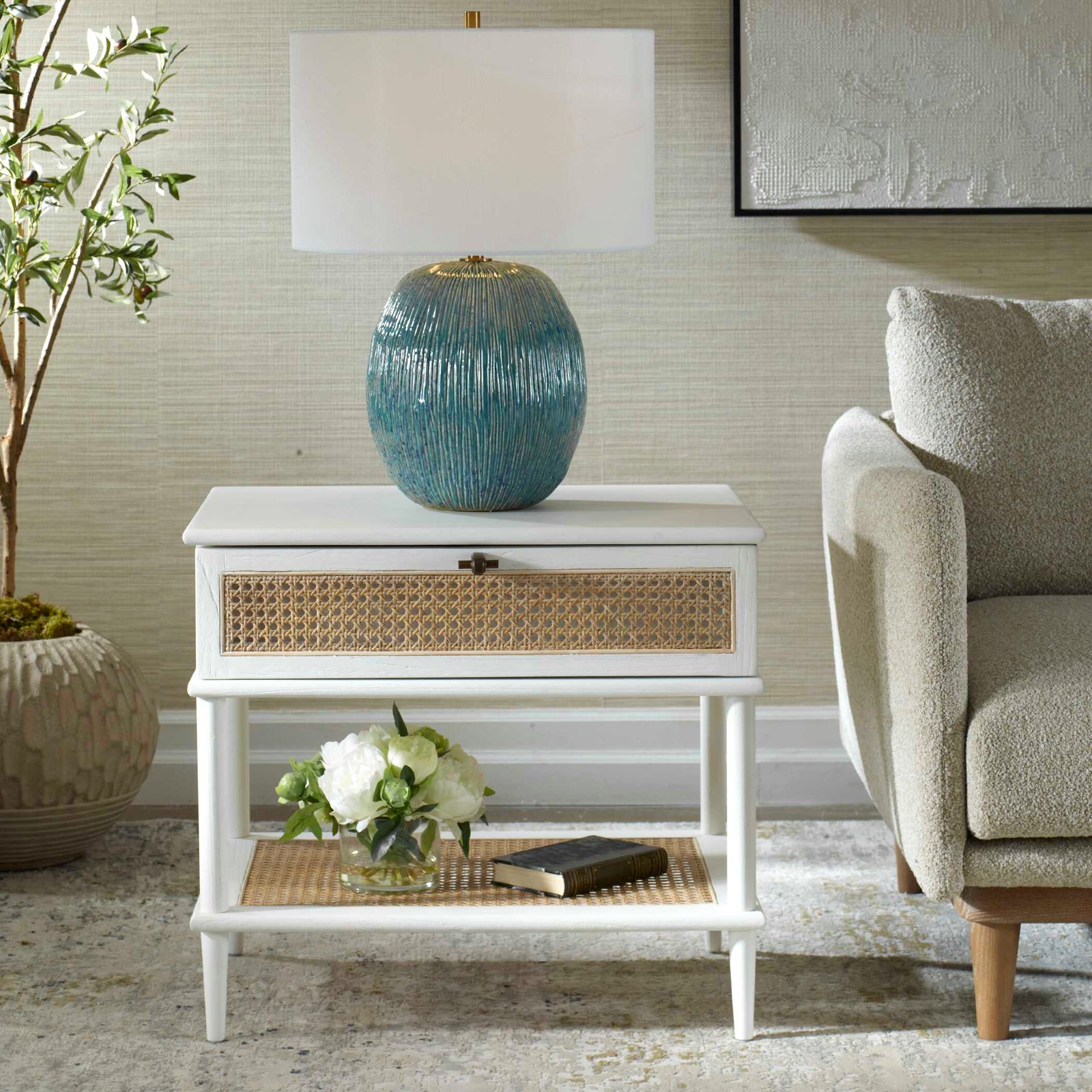 American Home Furniture Uttermost Coast White Rattan Side Table