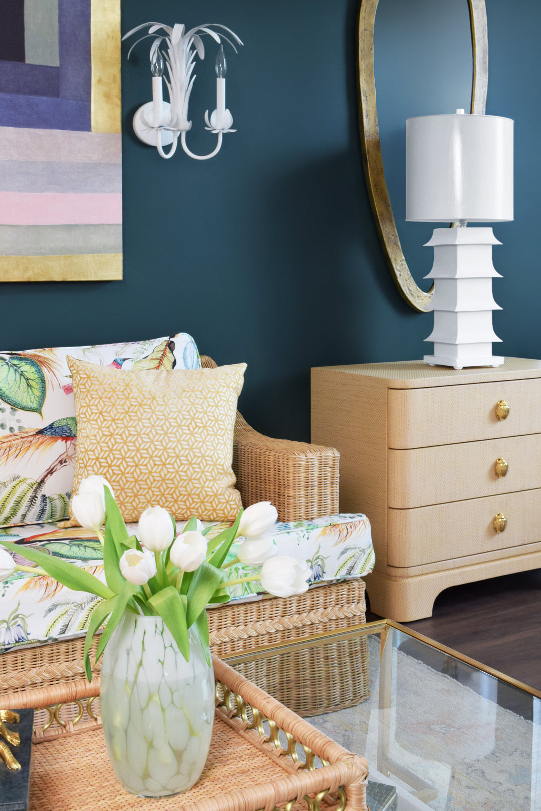 Three Drawer Rounded Edge Side Table With Brass Beetle Knob In Natural Grasscloth - FORTUNE NAT