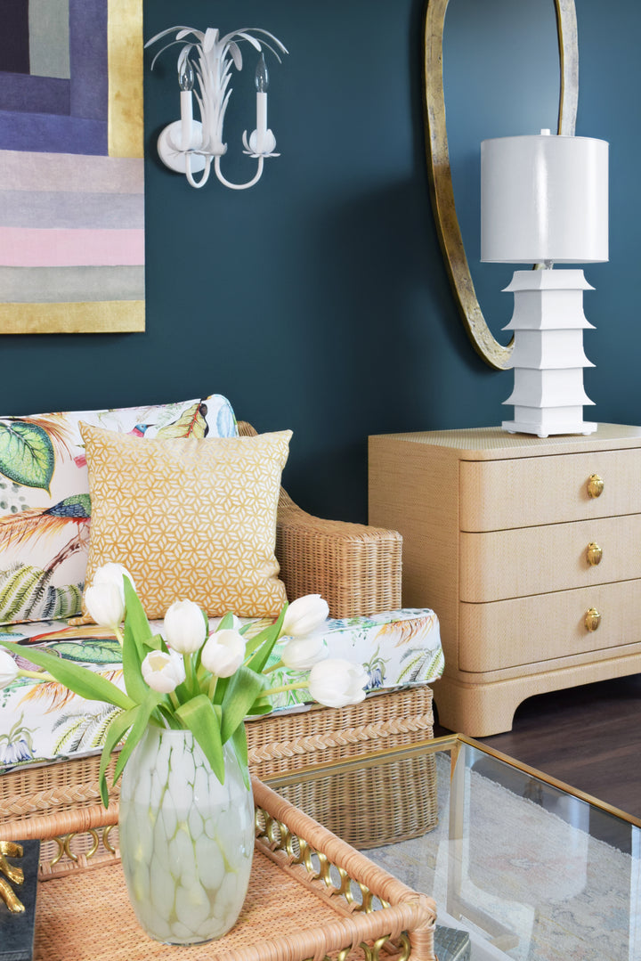 Three Drawer Rounded Edge Side Table With Brass Beetle Knob In Natural Grasscloth - FORTUNE NAT