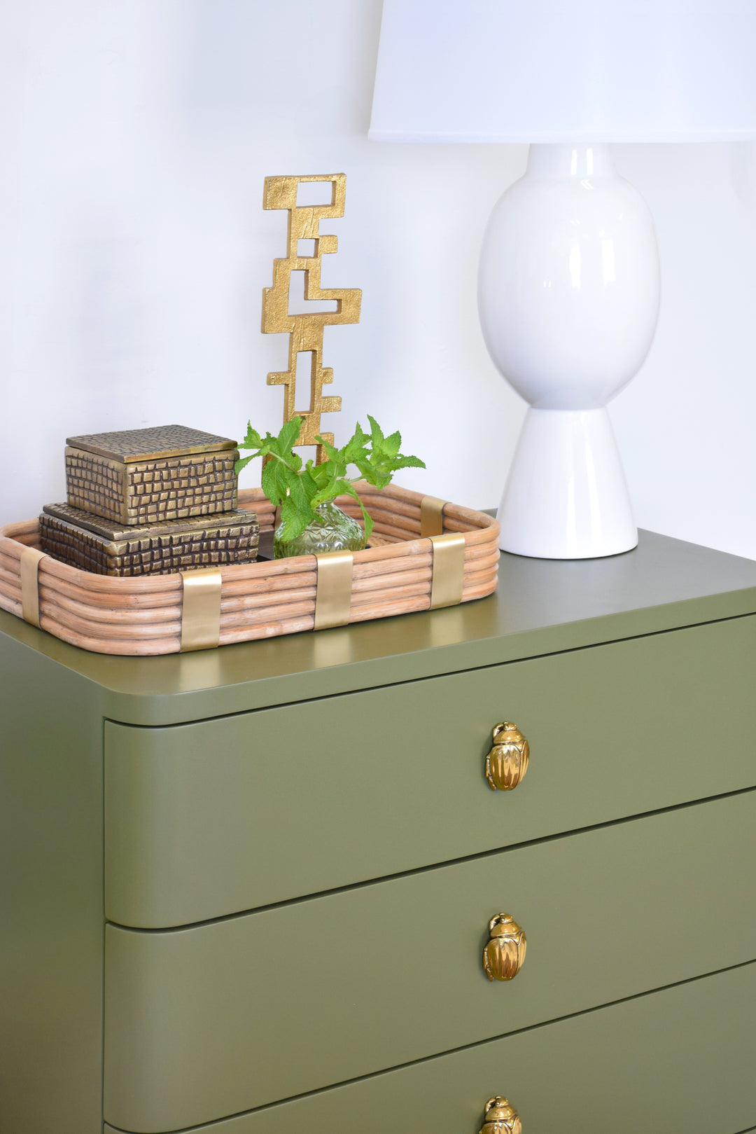 Three Drawer Rounded Edge Side Table With Brass Beetle Knob In Olive Green Matte Lacquer - FORTUNE OLV