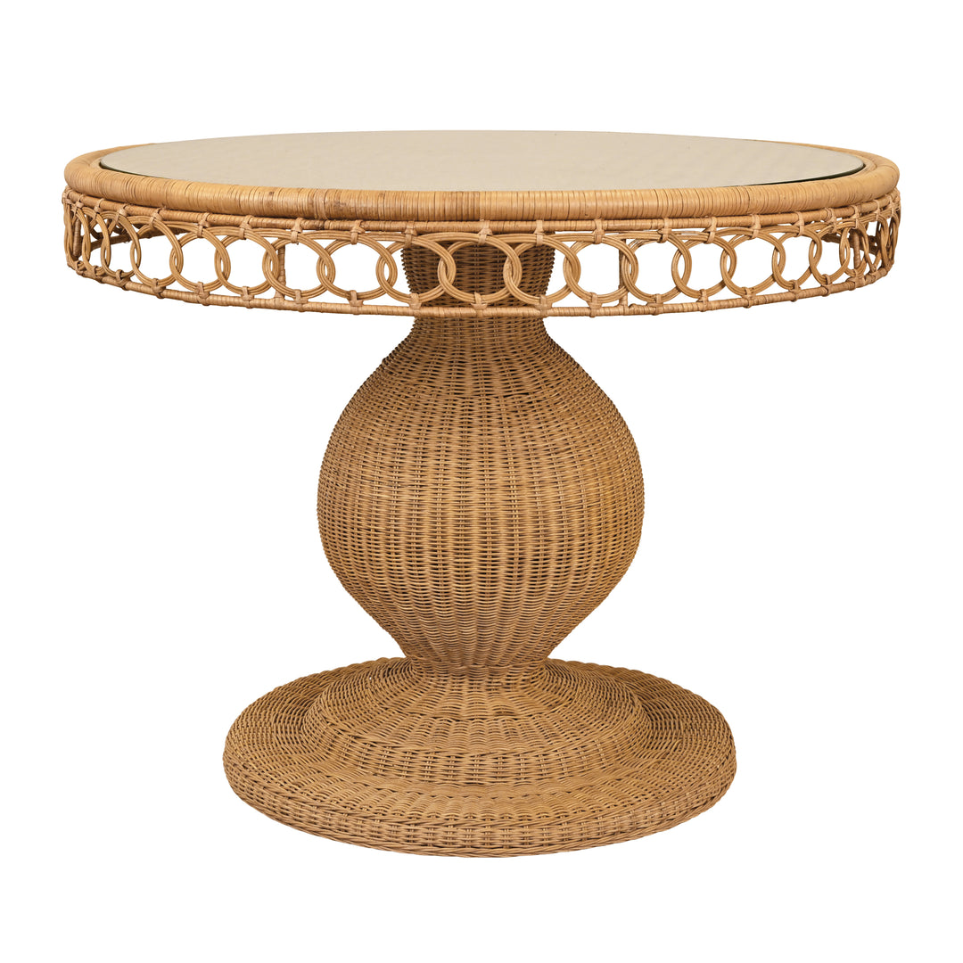 Round 40" Dia Pedestal Dining Table In Woven Rattan With Decorative Apron And Glass Top - GABRIELLE 40