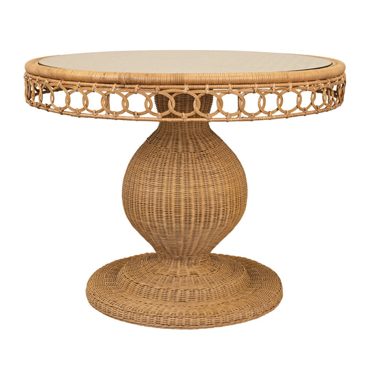 Round 40" Dia Pedestal Dining Table In Woven Rattan With Decorative Apron And Glass Top - GABRIELLE 40