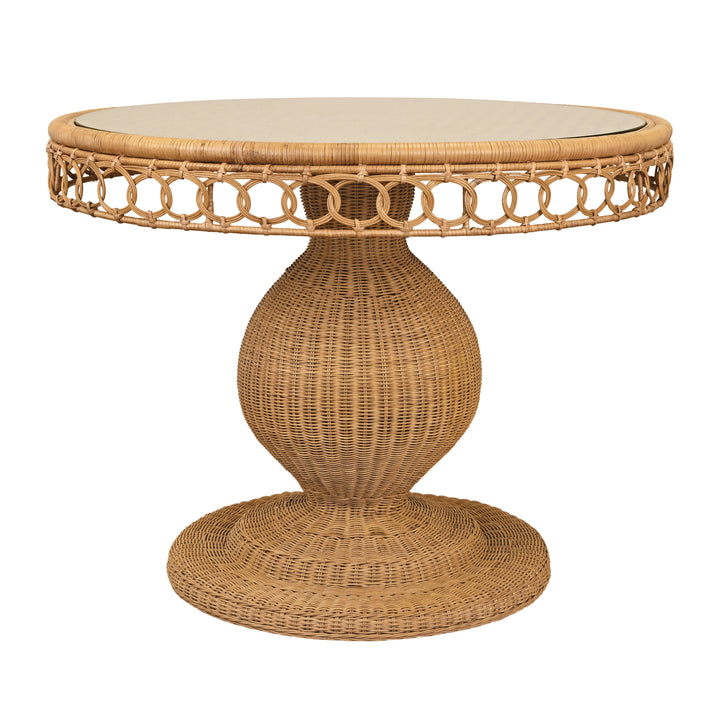 Round 40" Dia Pedestal Dining Table In Woven Rattan With Decorative Apron And Glass Top - GABRIELLE 40