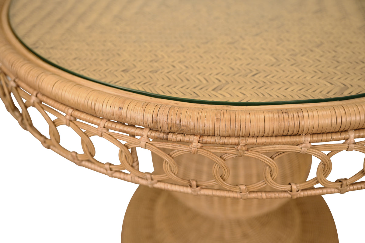 Round 40" Dia Pedestal Dining Table In Woven Rattan With Decorative Apron And Glass Top - GABRIELLE 40