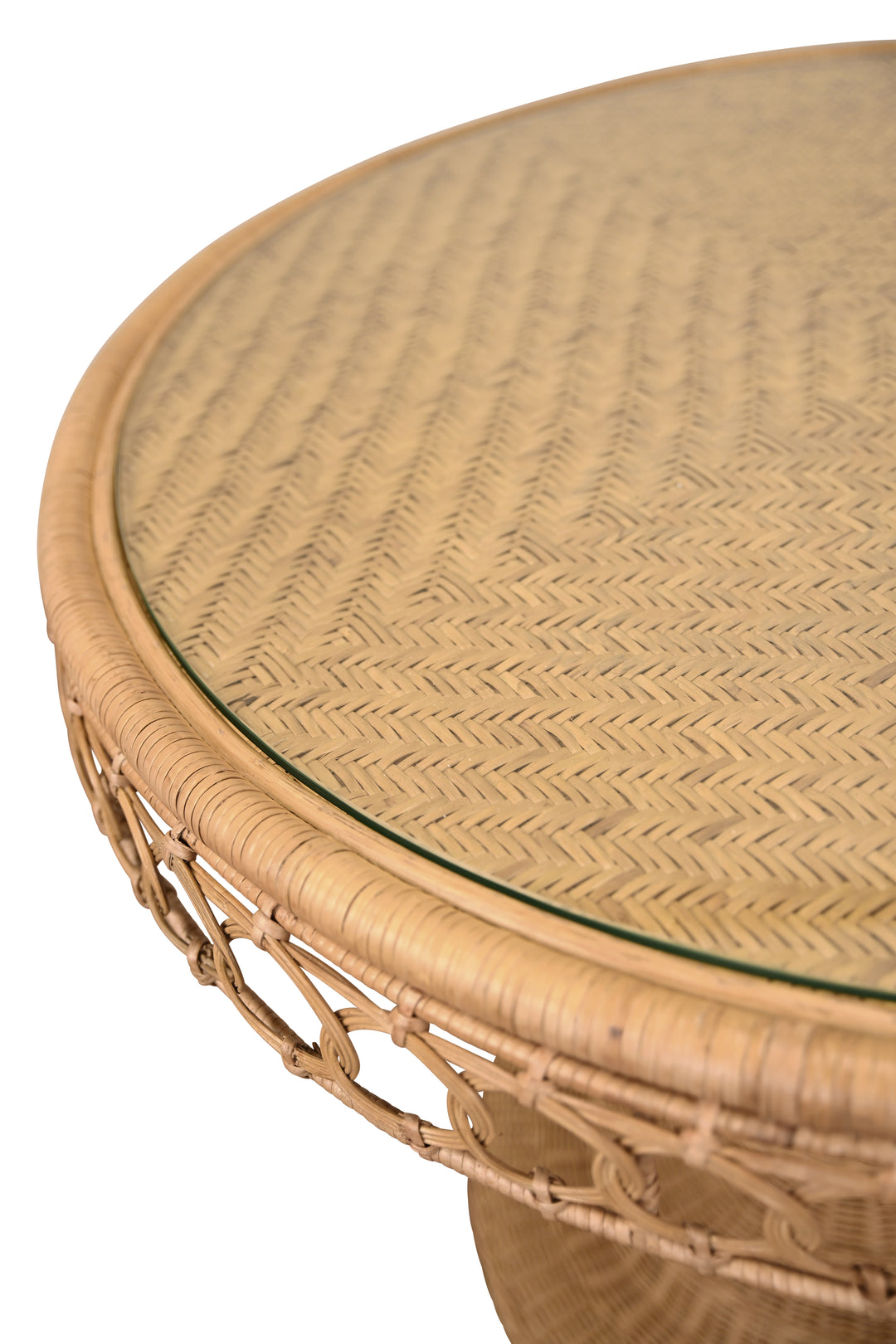 Round 40" Dia Pedestal Dining Table In Woven Rattan With Decorative Apron And Glass Top - GABRIELLE 40