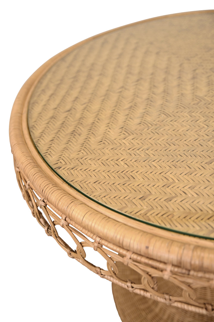Round 40" Dia Pedestal Dining Table In Woven Rattan With Decorative Apron And Glass Top - GABRIELLE 40