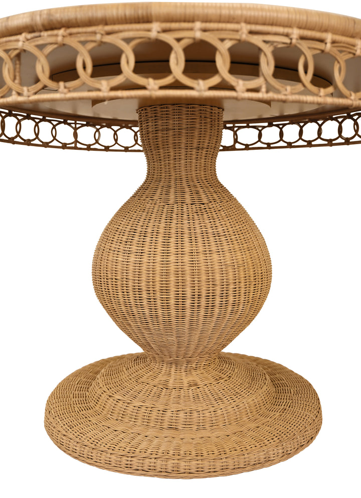Round 40" Dia Pedestal Dining Table In Woven Rattan With Decorative Apron And Glass Top - GABRIELLE 40