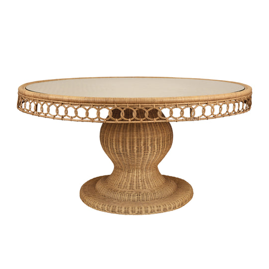 Round 60" Dia Pedestal Dining Table In Woven Rattan With Decorative Apron And Glass Top - GABRIELLE 60
