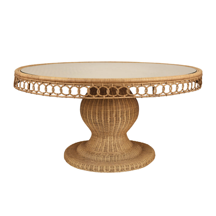 Round 60" Dia Pedestal Dining Table In Woven Rattan With Decorative Apron And Glass Top - GABRIELLE 60