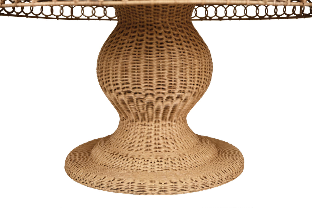 Round 60" Dia Pedestal Dining Table In Woven Rattan With Decorative Apron And Glass Top - GABRIELLE 60