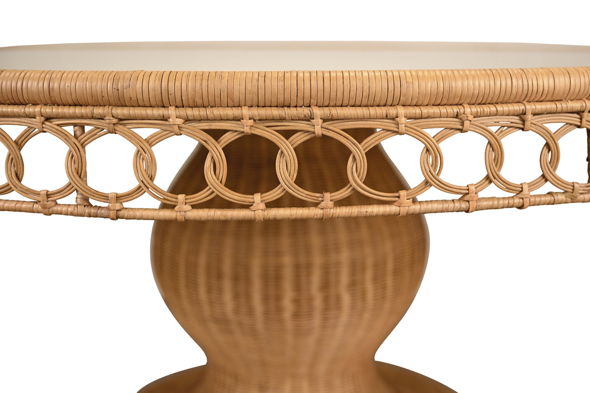 Round 60" Dia Pedestal Dining Table In Woven Rattan With Decorative Apron And Glass Top - GABRIELLE 60