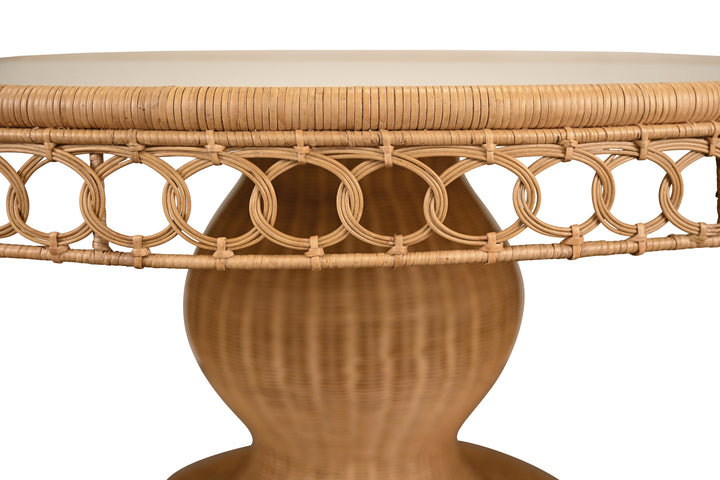 Round 60" Dia Pedestal Dining Table In Woven Rattan With Decorative Apron And Glass Top - GABRIELLE 60