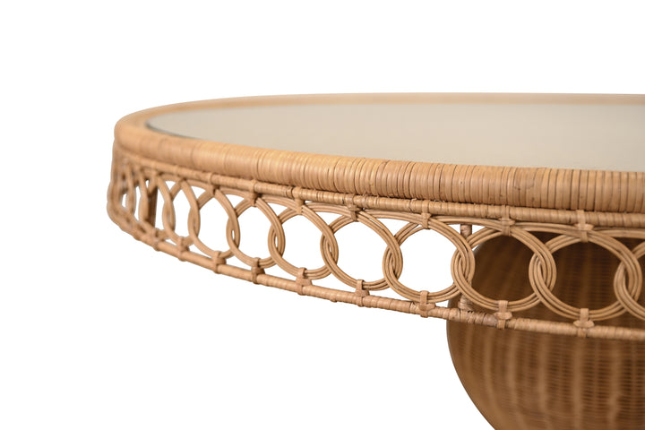 Round 60" Dia Pedestal Dining Table In Woven Rattan With Decorative Apron And Glass Top - GABRIELLE 60