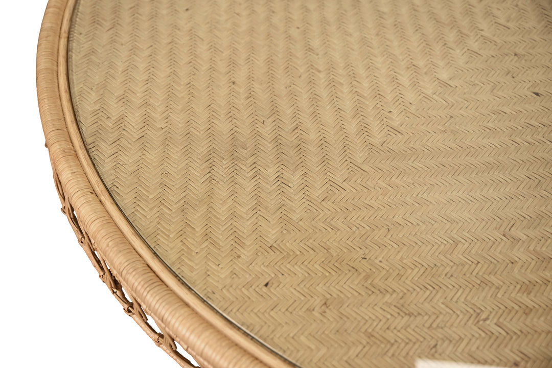 Round 60" Dia Pedestal Dining Table In Woven Rattan With Decorative Apron And Glass Top - GABRIELLE 60