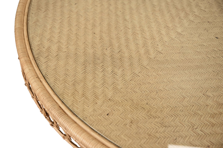 Round 60" Dia Pedestal Dining Table In Woven Rattan With Decorative Apron And Glass Top - GABRIELLE 60