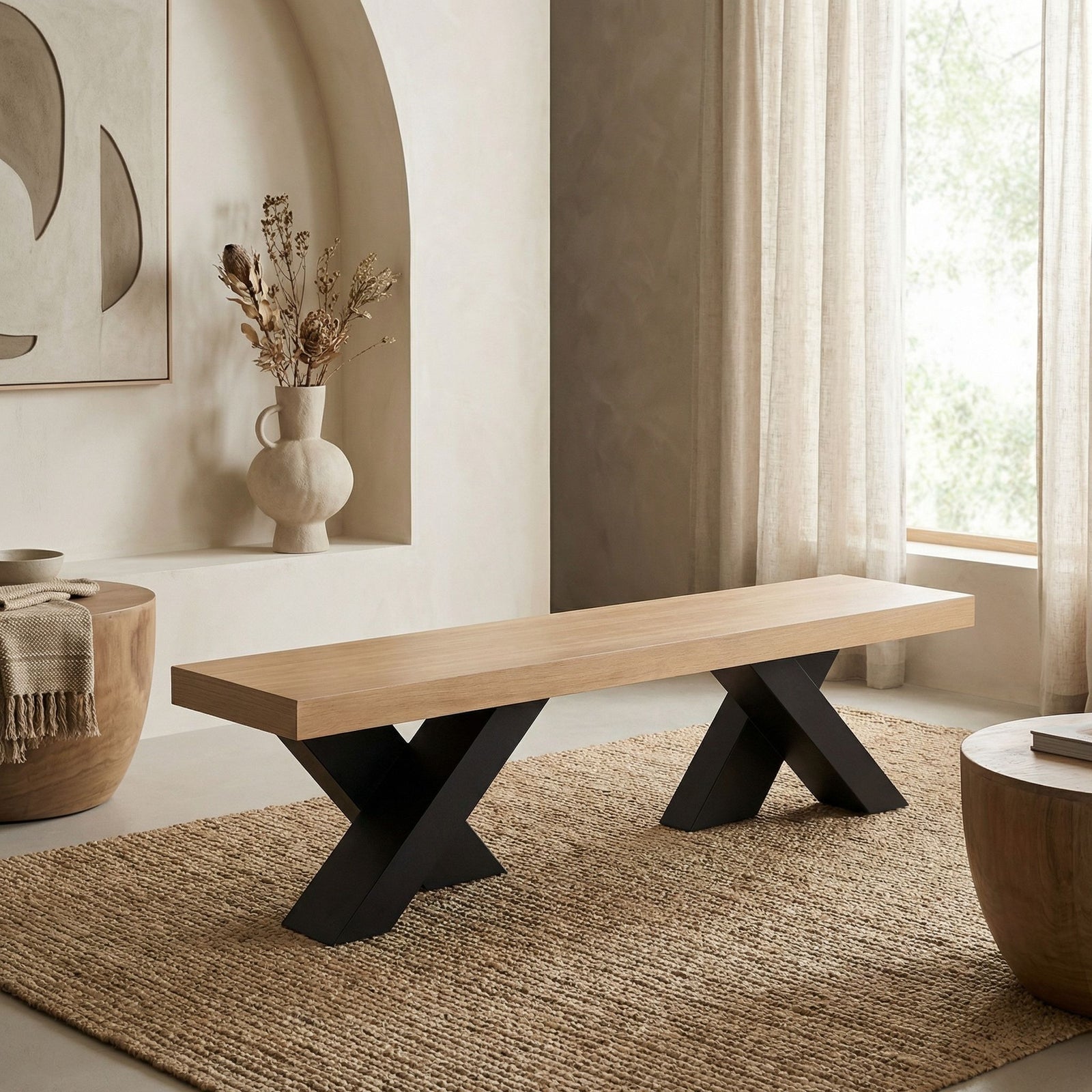 Noir - Gravity Bench, White Oak with Metal - GBEN145WO