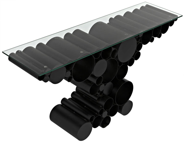 American Home Furniture | Noir - Paradox Console, Black Steel with Glass Top