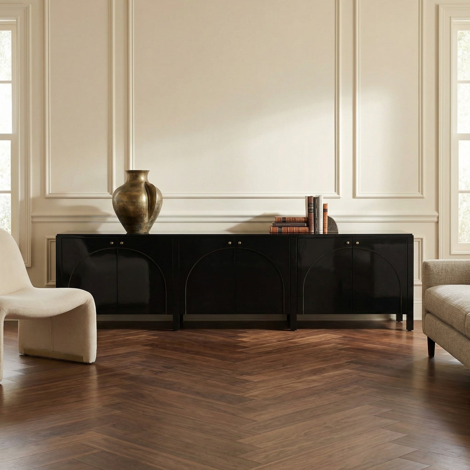Noir - Weston Sideboard, Hand Rubbed Black with Light Brown Trim - GCON386HB-XL