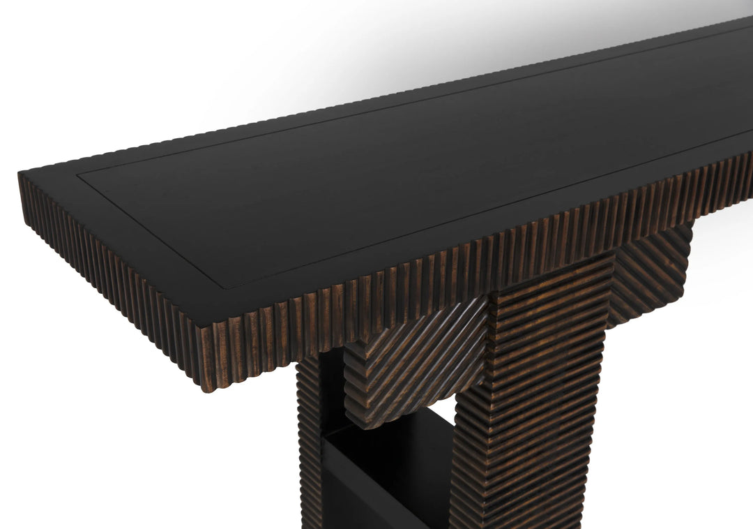 American Home Furniture | Noir - Nabu Console, Hand Rubbed Black with Light Brown Trim