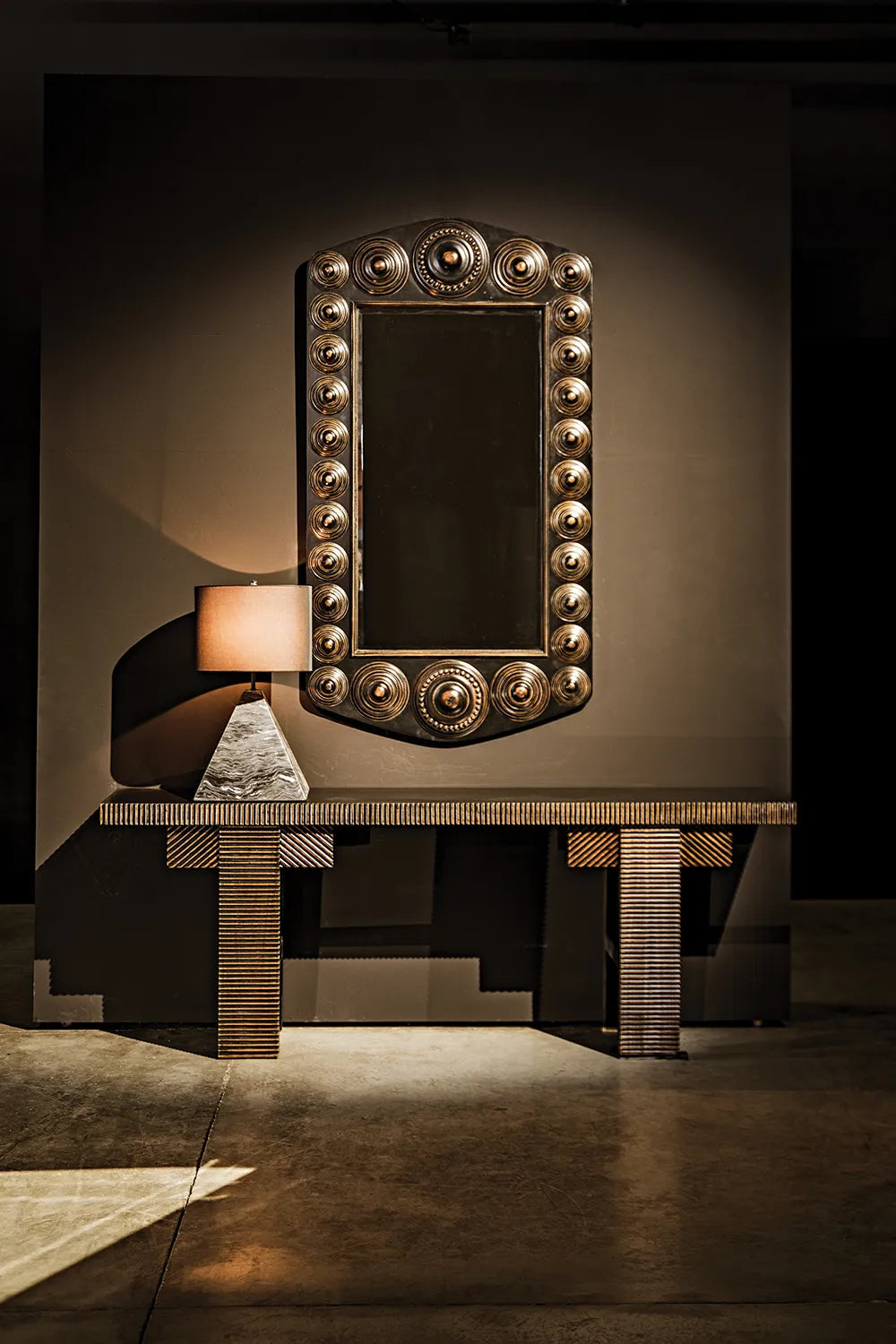 American Home Furniture | Noir - Nabu Console, Hand Rubbed Black with Light Brown Trim