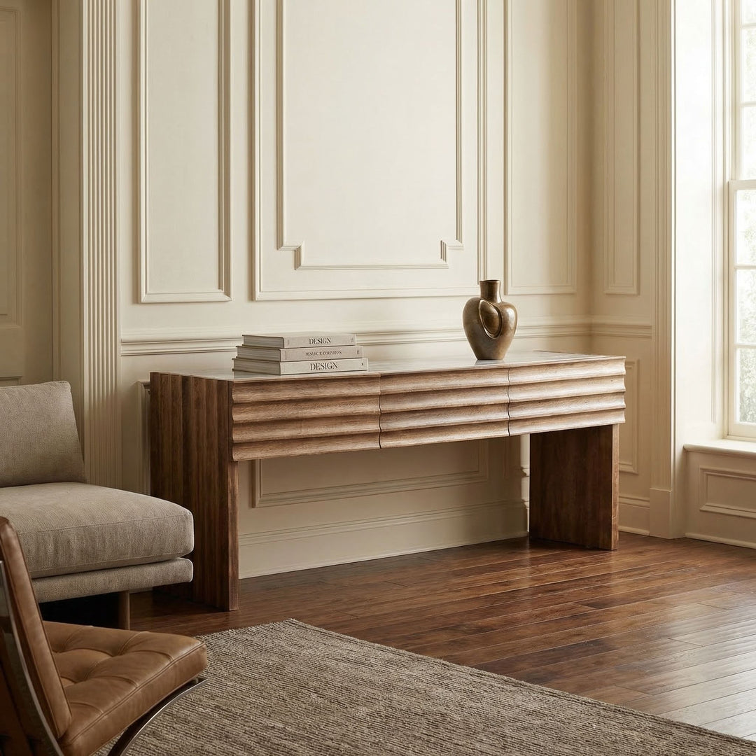Noir - Wolf Console with White Marble Top, Dark Walnut - GCON460DW
