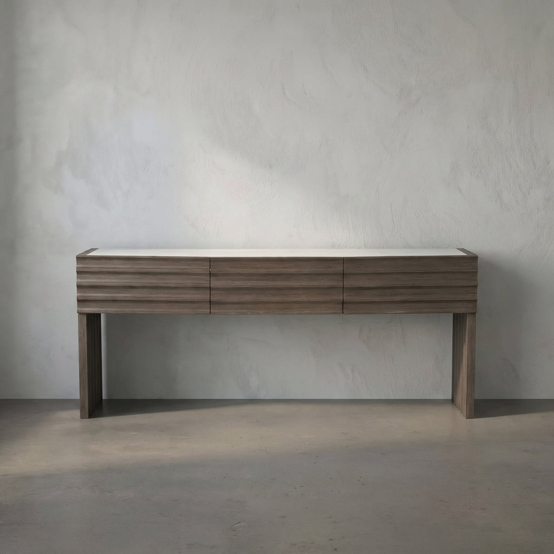 Noir Wolf Console with White Marble Top - Greige Walnut