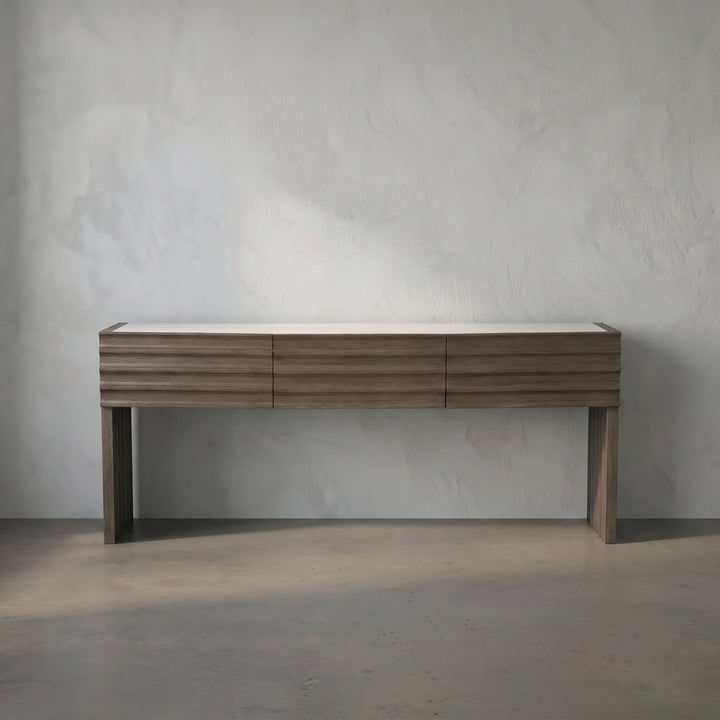 Noir Wolf Console with White Marble Top - Greige Walnut