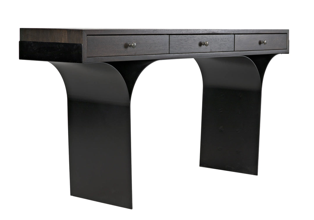 American Home Furniture | Noir - Truss Desk, Ebony Walnut with Steel Legs