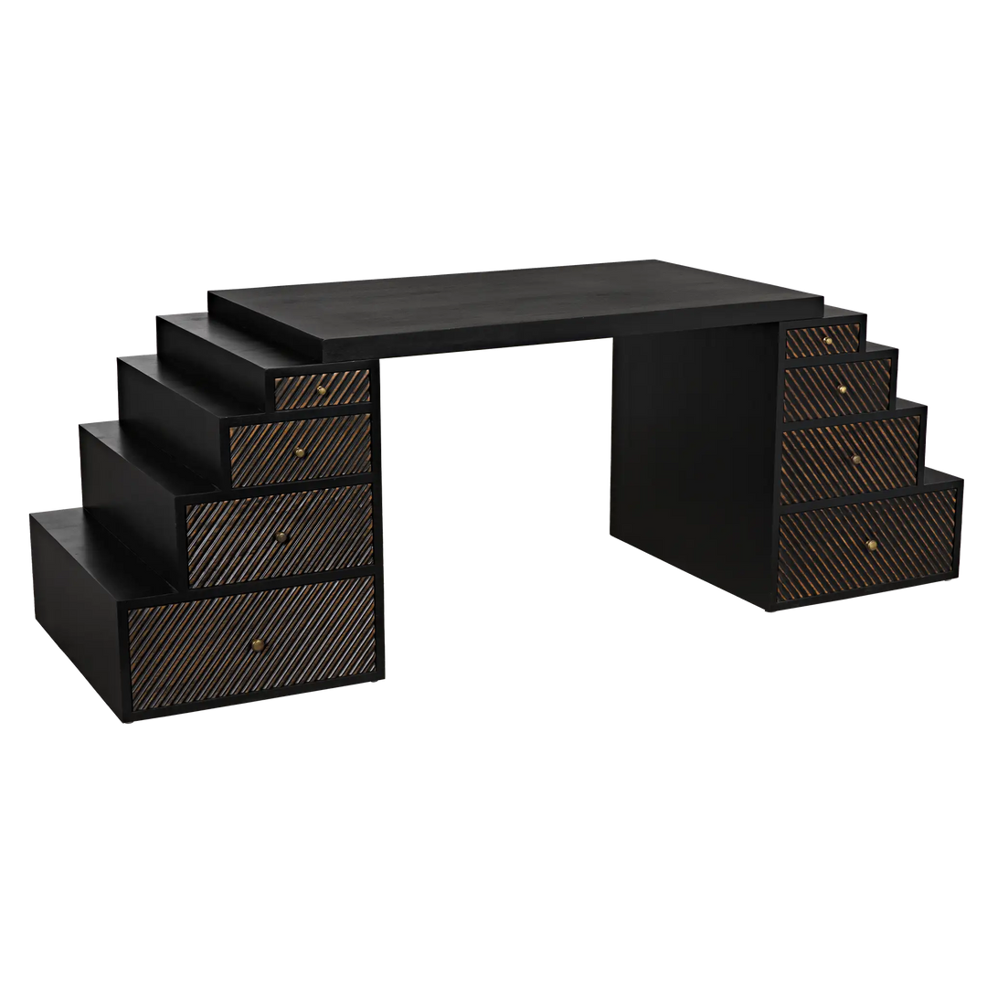 American Home Furniture | Noir - Ambidextrous Desk, Hand Rubbed Black with Light Brown Trim