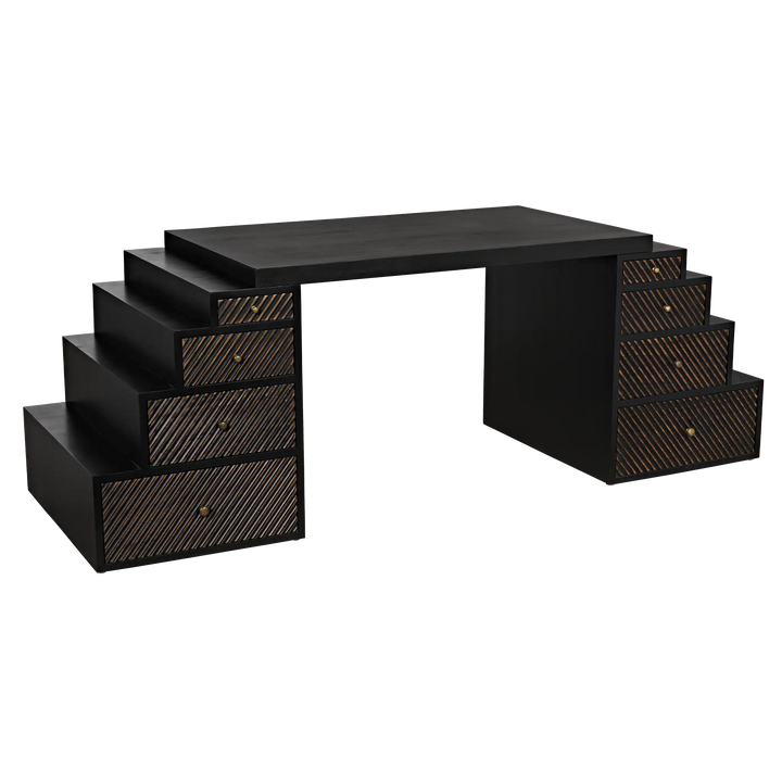 American Home Furniture | Noir - Ambidextrous Desk, Hand Rubbed Black with Light Brown Trim