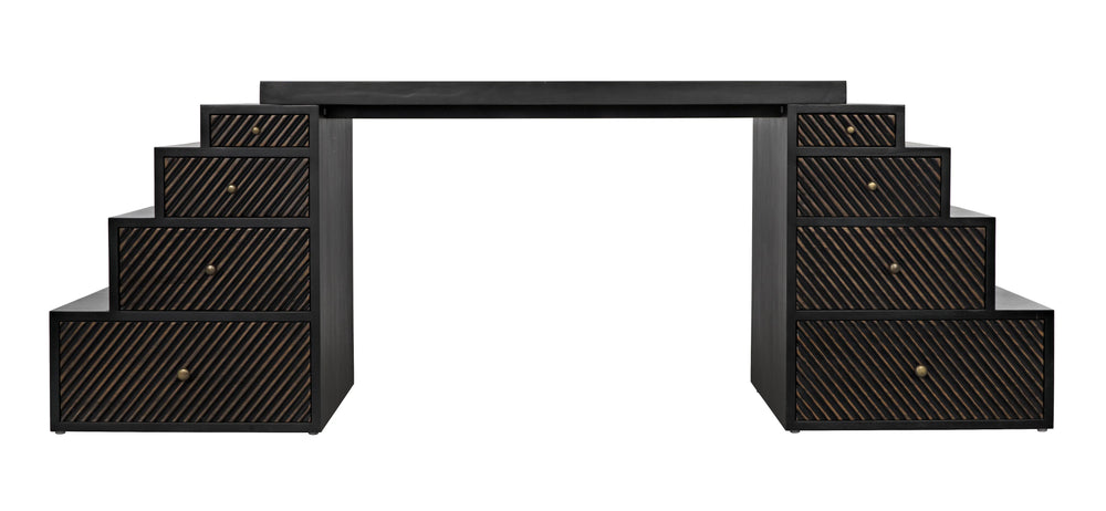 American Home Furniture | Noir - Ambidextrous Desk, Hand Rubbed Black with Light Brown Trim