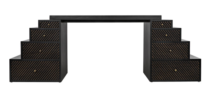 American Home Furniture | Noir - Ambidextrous Desk, Hand Rubbed Black with Light Brown Trim