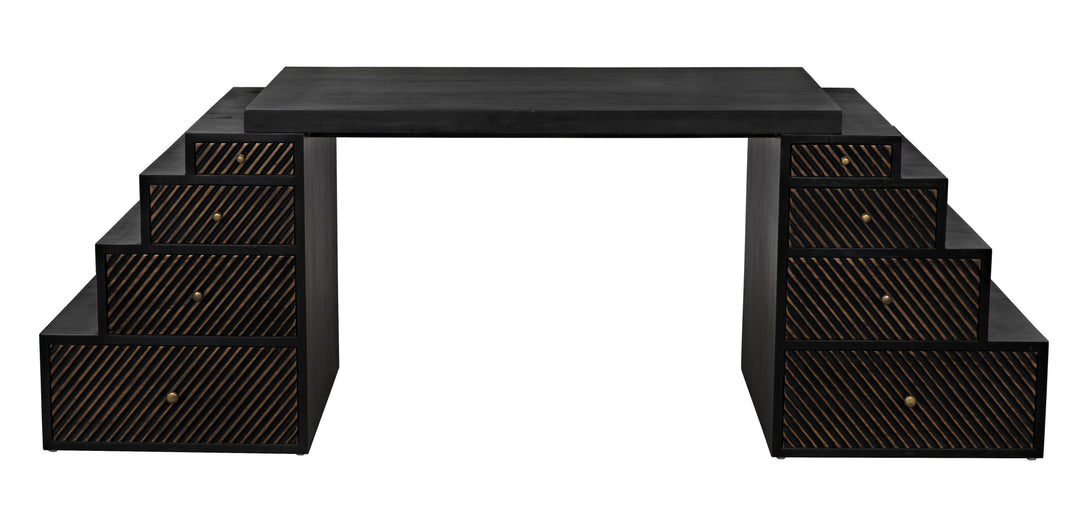 American Home Furniture | Noir - Ambidextrous Desk, Hand Rubbed Black with Light Brown Trim